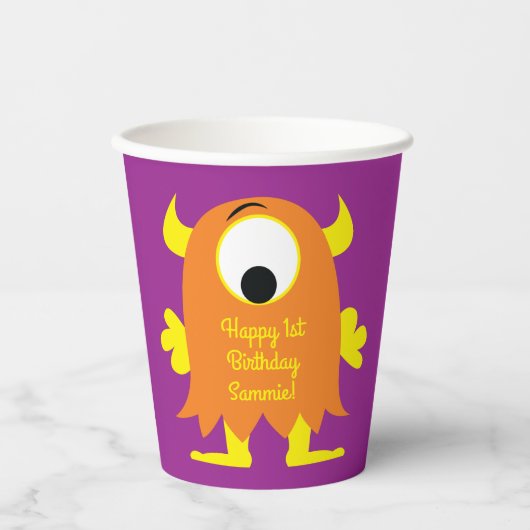 Monster Cute Funny 1st Birthday Party Theme Banner Papieren Bekers (Voorkant)