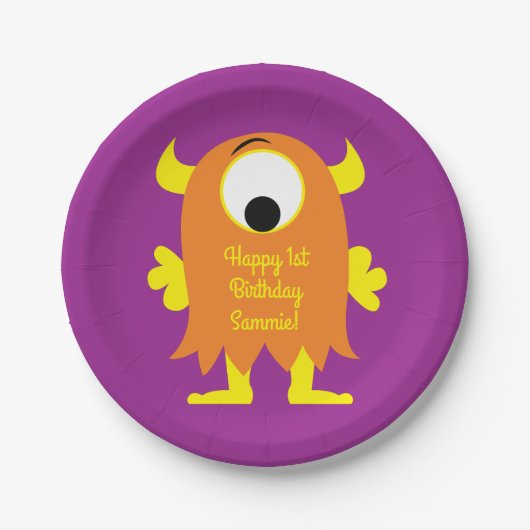 Monster Cute Kids Birthday Party Thema Papieren Bordje (Voorkant)