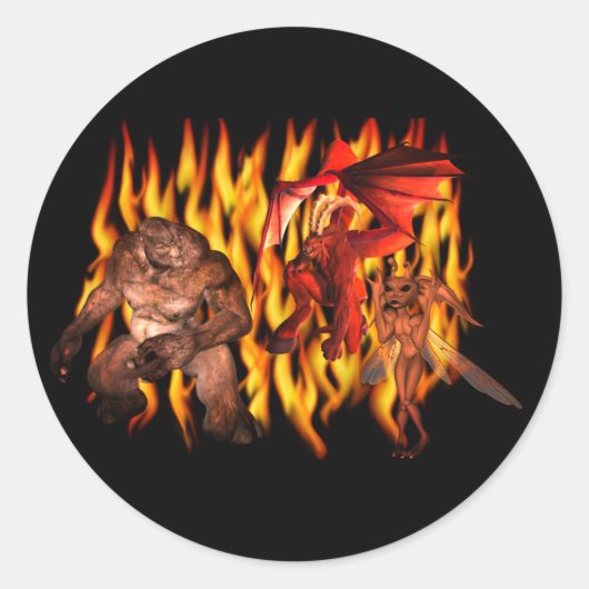 Monster Demon Goblin Flames Halloween Ronde Sticker (Voorkant)