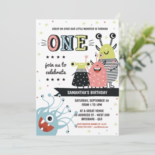 Monster één jaar verjaardagsuitnodiging kaart (Staand voorkant)