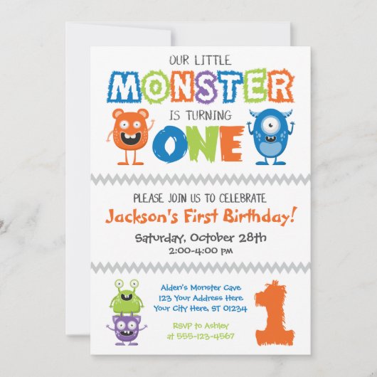 Monster Eerste Verjaardag Uitnodiging (Voorkant)