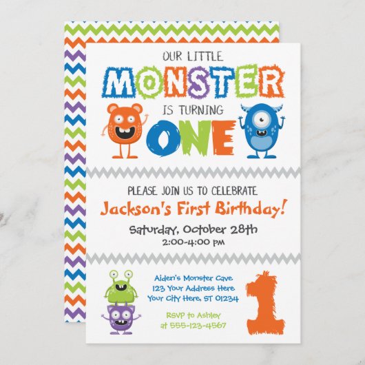 Monster Eerste Verjaardag Uitnodiging (Voorkant / Achterkant)