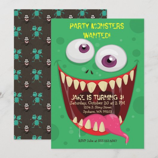 Monster Face Party Monsters Gezochte Birthday Part Kaart (Voorkant / Achterkant)