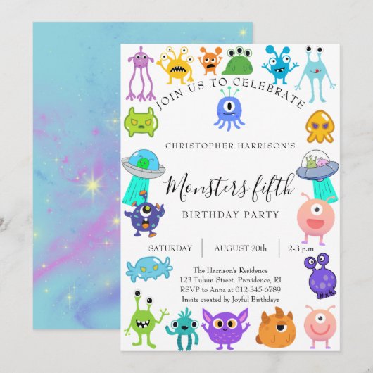 Monster Fifth Birthday Party Kaart (Voorkant / Achterkant)
