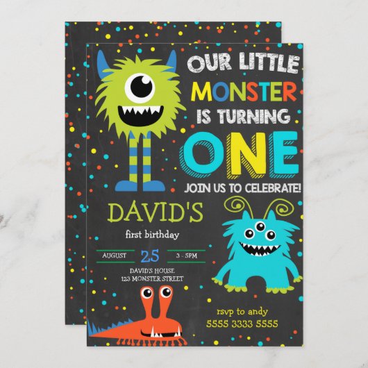 Monster First Birthday Boy Little Monster Chalk Kaart (Voorkant / Achterkant)