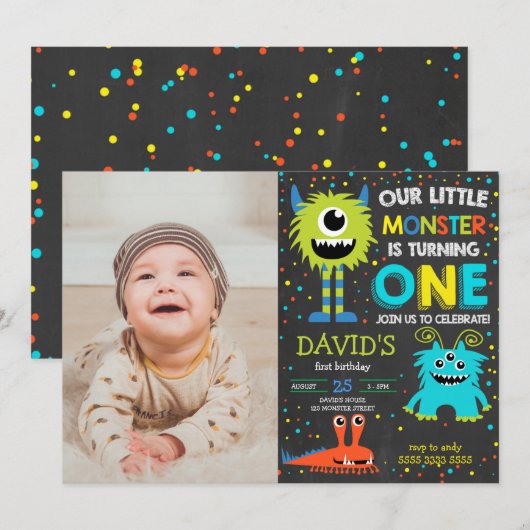 Monster First Birthday Boy Little Monster Photo Kaart (Voorkant / Achterkant)