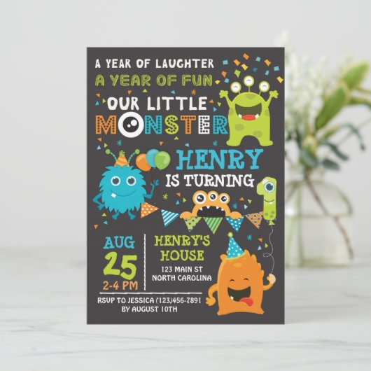 Monster First Birthday Invitation, Monster Invite Kaart (Staand voorkant)