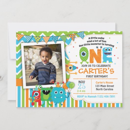 Monster First Birthday Invitations Kaart (Voorkant)