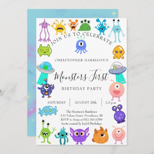 Monster First Birthday Party Kaart (Voorkant / Achterkant)