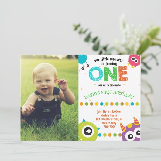 Monster Foto 1st Birthday Boy Little Monsters Kaart (Staand voorkant)