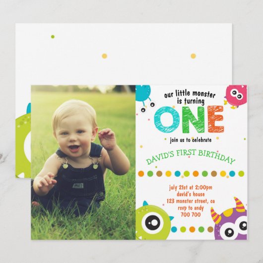 Monster Foto 1st Birthday Boy Little Monsters Kaart (Voorkant / Achterkant)