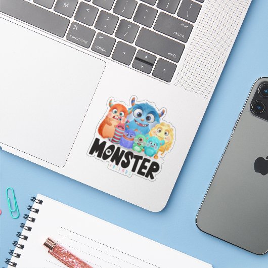 Monster Friends | 3"x 3" — Glanzend transparant Sticker (Laptop met iPhone)