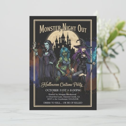 Monster Girls Night Out Fun Halloween Party  Kaart (Staand voorkant)