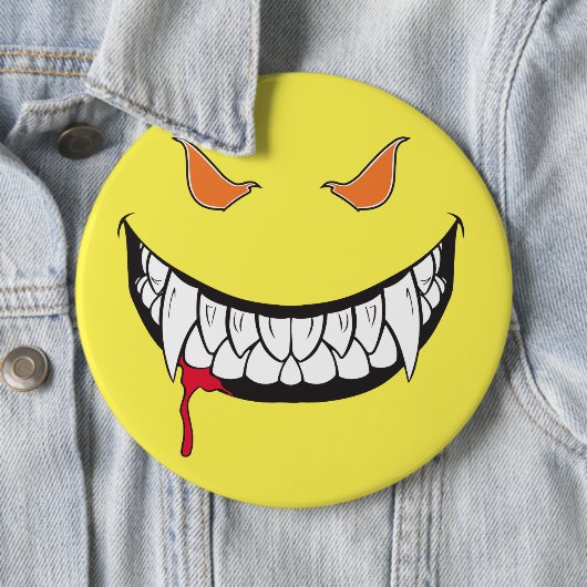 Monster Grin Happy Face Yellow Round Button (In situ)