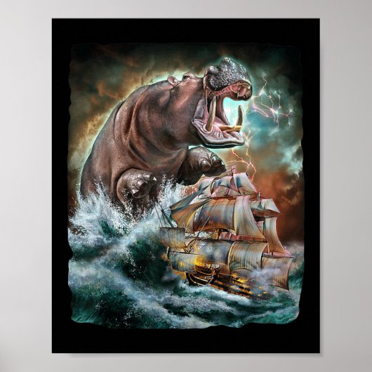 Monster Hippo als Kraken valt een oorlogsschip aan Poster (Voorkant)