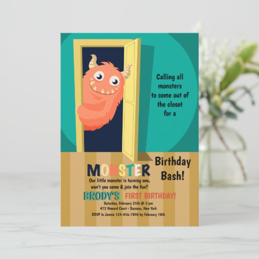 Monster in de kast uitnodiging (Staand voorkant)