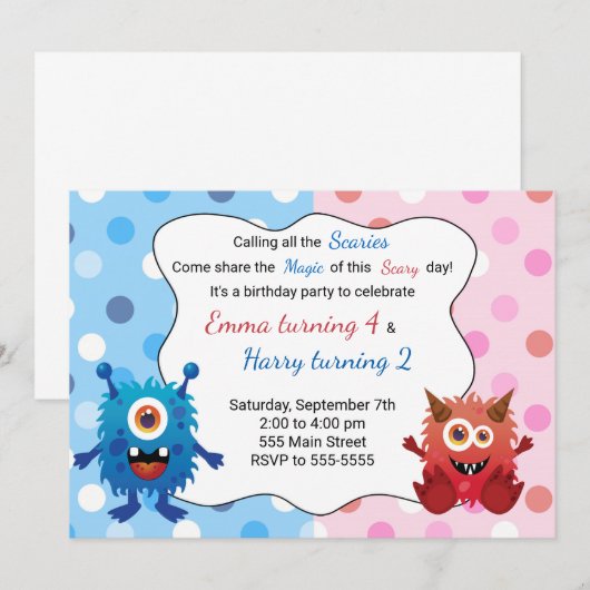 Monster Kids Verjaardag Uitnodiging (Voorkant / Achterkant)