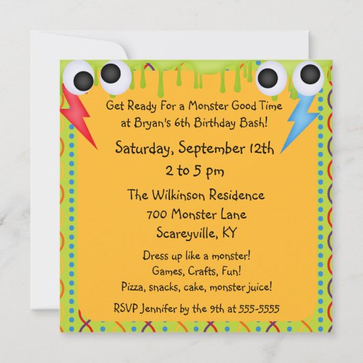 Monster Mash Bash Birthday Uitnodiging (Achterkant)