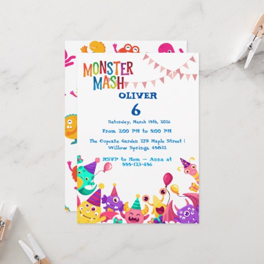 Monster Mash Birthday Invitation - Kids Party Kaart (Voorkant / Achterkant in situ)