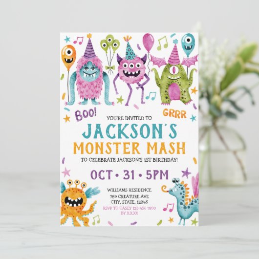 Monster Mash Boy's eerste verjaardagsfeestje Kaart (Staand voorkant)