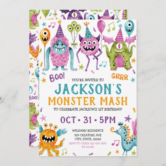 Monster Mash Boy's eerste verjaardagsfeestje Kaart (Voorkant / Achterkant)