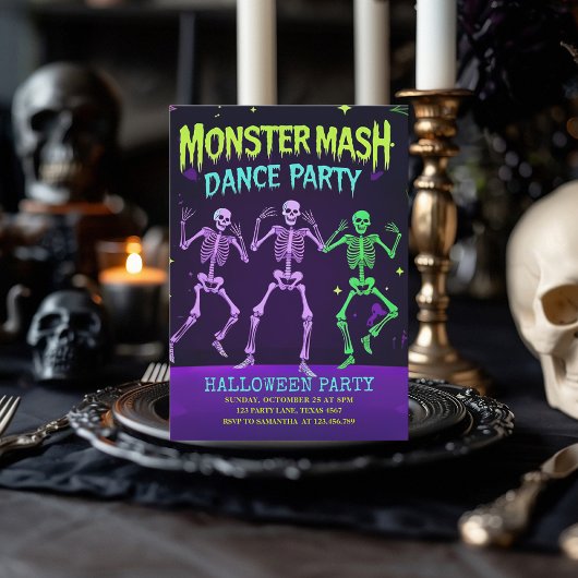 Monster Mash Dance Party | neon-skelet Feestdagenkaart