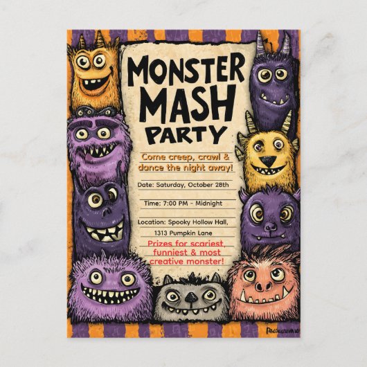 "Monster Mash-feest" met Malle Monsters Uitnodiging Briefkaart (Voorkant)