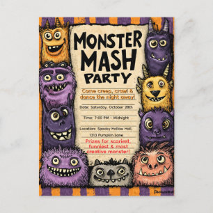 "Monster Mash-feest" met Moppige Monsters Uitnodiging Briefkaart