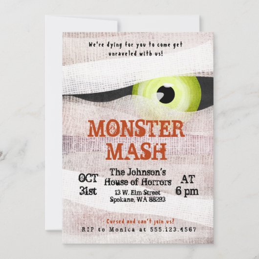 Monster Mash Halloween Bash Mummy Uitnodiging (Voorkant)