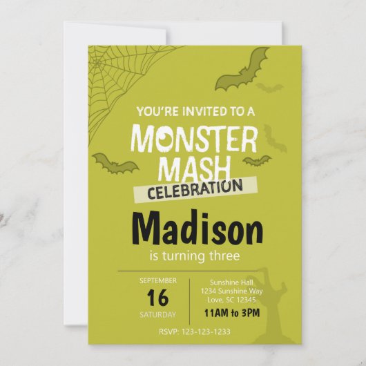 Monster Mash Halloween Birthday Invite (groen) Kaart (Voorkant)