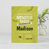 Monster Mash Halloween Birthday Invite (groen) Kaart (Staand voorkant)