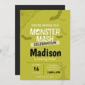 Monster Mash Halloween Birthday Invite (groen) Kaart (Voorkant / Achterkant)