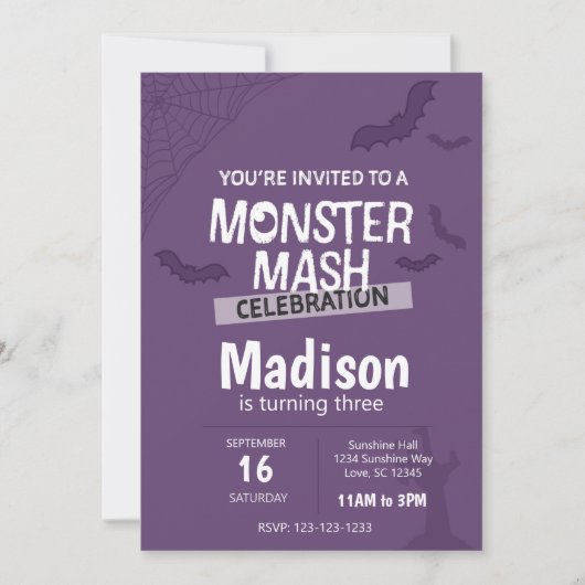 Monster Mash Halloween Birthday Invite (paars) Kaart (Voorkant)