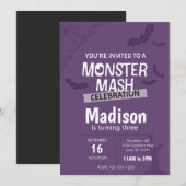 Monster Mash Halloween Birthday Invite (paars) Kaart (Voorkant / Achterkant)
