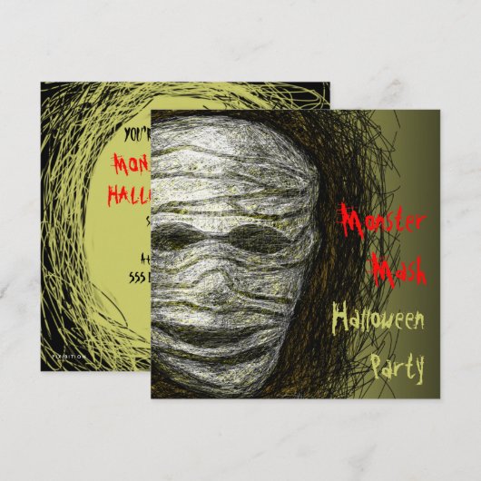 Monster Mash Halloween Party Invitation Mummy Head Kaart (Voorkant / Achterkant)