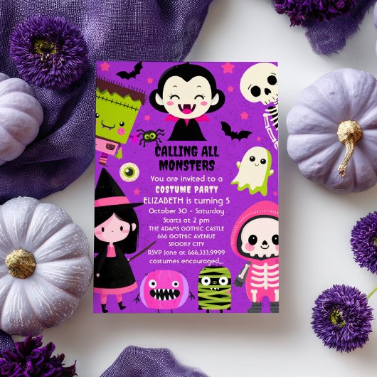 Monster Mash Paarse Kinder Halloween Verjaardagsfe Kaart