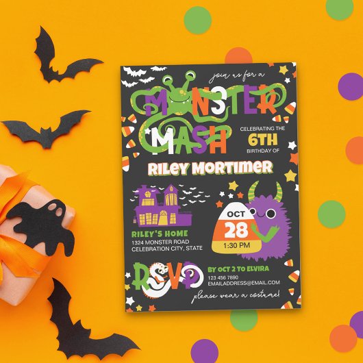 Monster Mash Typografie Kinder Halloween Verjaarda Kaart