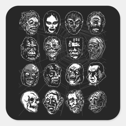 Monster Masks Art Sticker B & W – Retro Halloween (Voorkant)