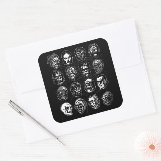 Monster Masks Art Sticker B & W – Retro Halloween (Envelop)