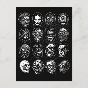Monster Masks Horror Art Ansichtkaart zwart & wit Briefkaart