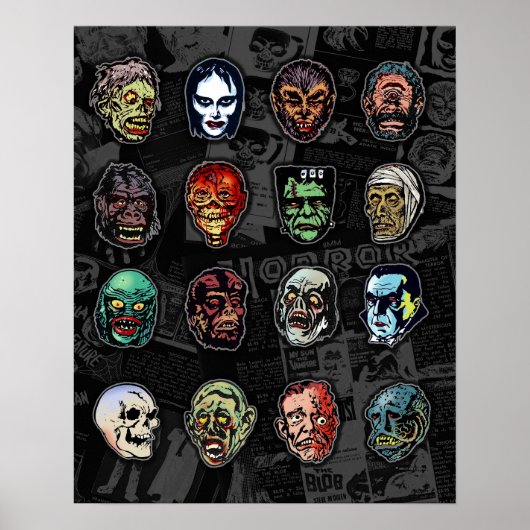 Monster Masks Kleur Poster – Retro Halloween (Voorkant)