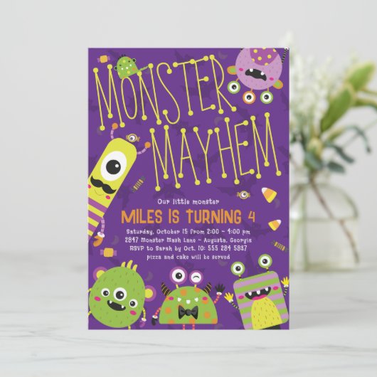 Monster Mayhem Uitnodiging voor verjaardagsfeestje (Staand voorkant)