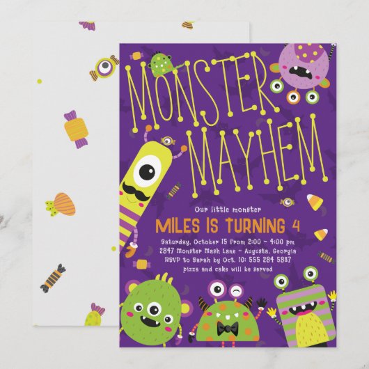 Monster Mayhem Uitnodiging voor verjaardagsfeestje (Voorkant / Achterkant)