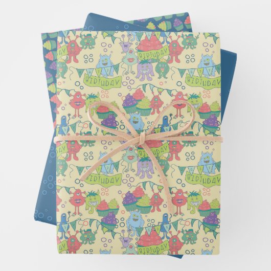 Monster Mayhem Wrapping Paper Flat Sheet Set of 3 (In situ)