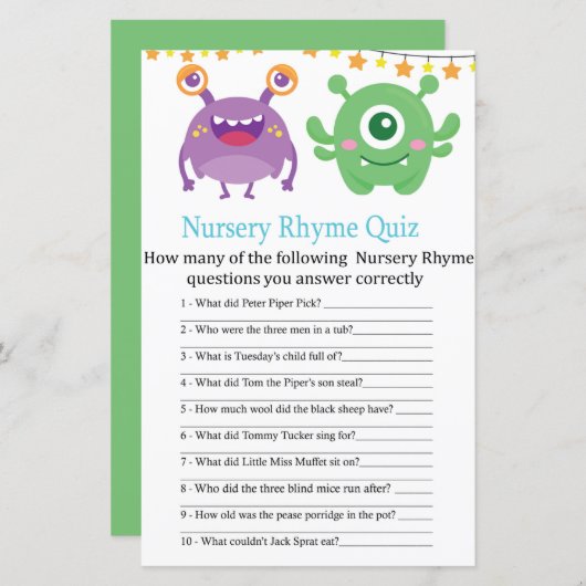 Monster Nursery Rhyme Quiz baby shower game (Voorkant / Achterkant)