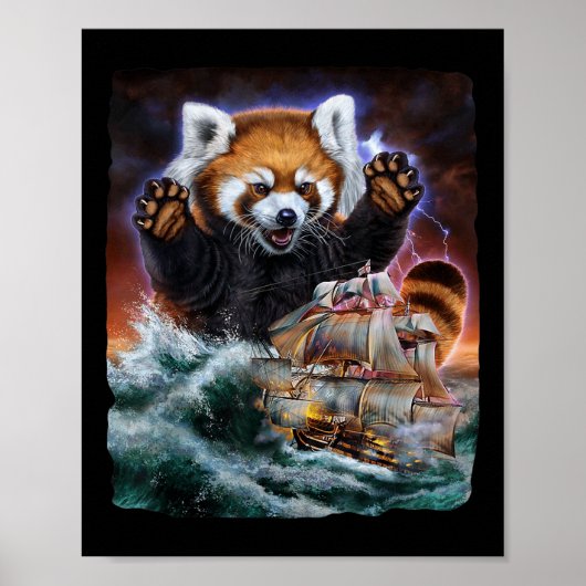 Monster Red Panda als Kraken valt een oorlogsschip Poster (Voorkant)