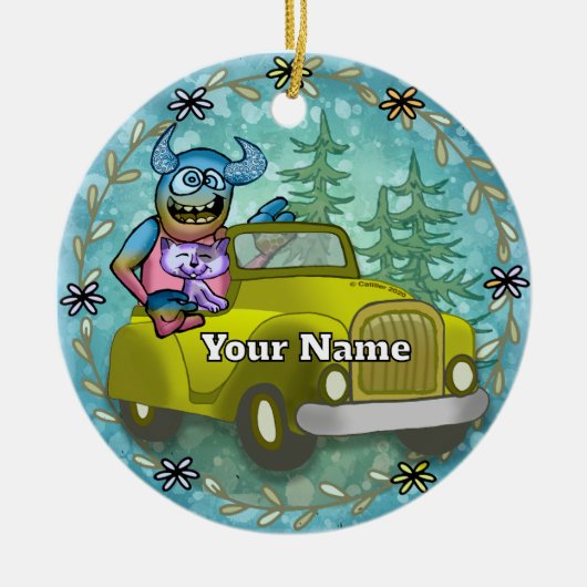 Monster rijdt auto keramisch ornament (Voorkant)