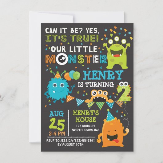 Monster Second Birthday Invitation, Monster Invite Kaart (Voorkant)