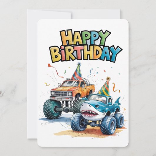 Monster Shark Truck Verjaardag Bash Waterverf Art Kaart (Achterkant)