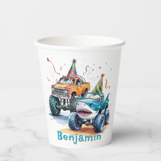 Monster Shark Truck Verjaardag Bash waterverf Papieren Bekers (Voorkant)